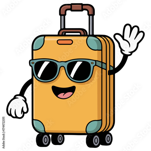 An animated yellow suitcase with a friendly face, wearing sunglasses, waving hello and ready for a journey