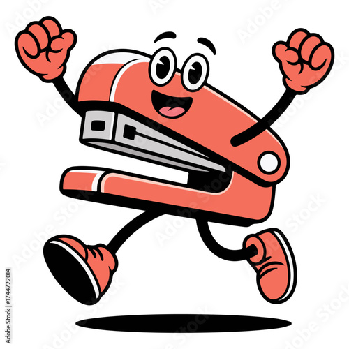 An illustrated staple, a happy character running with open arms. The stapler has a bright red color and a friendly face. 