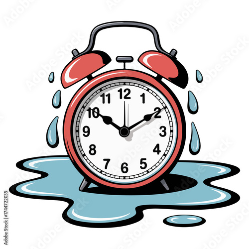 A red alarm clock surrounded by water, depicting the concept of time slipping away