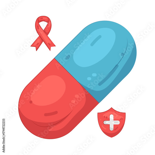 Illustration of Medicine Capsule with Aids Ribbon