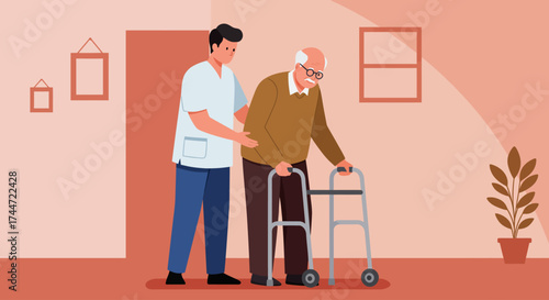 This flat design illustration depicts a caregiver helping an elderly man with his mobility using a walker, emphasizing compassionate assistance and support for seniors.