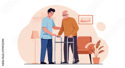 This flat design illustration depicts a caregiver helping an elderly man with his mobility using a walker, emphasizing compassionate assistance and support for seniors.