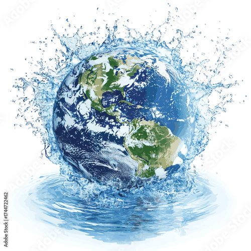 Earth immersed in water splashes.  high resolution   for isolate image