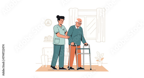 This flat design illustration depicts a caregiver helping an elderly man with his mobility using a walker, emphasizing compassionate assistance and support for seniors.