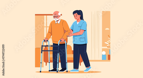 This flat design illustration depicts a caregiver helping an elderly man with his mobility using a walker, emphasizing compassionate assistance and support for seniors.