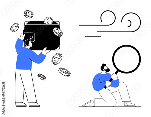 Giant wallet with falling coins held by a person, another holding magnifying glass analyzing patterns. Ideal for finance, savings, budgeting, analysis, audit, wealth discovery. Simple flat metaphor