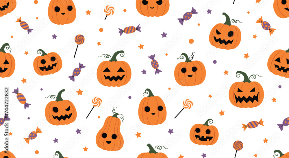 Fototapeta premium A charming seamless pattern featuring cute jack o lanterns and assorted Halloween candies for festive decorations.
