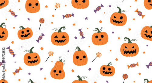 A charming seamless pattern featuring cute jack o lanterns and assorted Halloween candies for festive decorations.