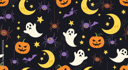 A Spooky Halloween Pattern Featuring Ghosts Pumpkins Spiders and Crescent Moons.