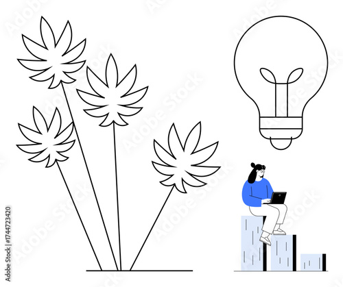 Woman seated on bar graph with a laptop near abstract cannabis leaves and large lightbulb. Ideal for innovation, growth, creativity, research, modern tech, sustainable business, minimalism. Simple