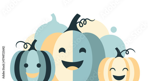 A delightful collection of cartoon pumpkins with happy faces celebrating the autumn season.