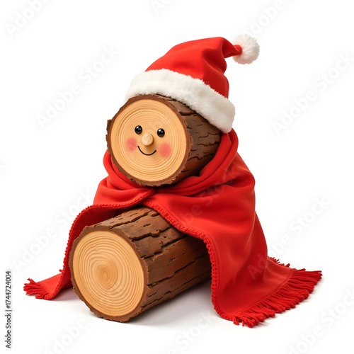 Decorative wooden log character wearing Santa hat and red blanket  