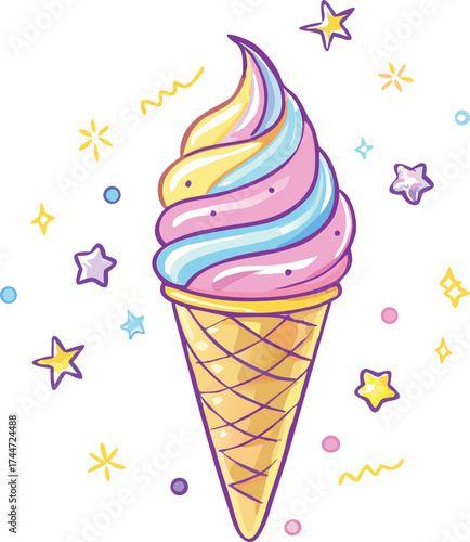 Whimsical rainbow swirl ice cream cone with sparkling stars and confetti decorations vector