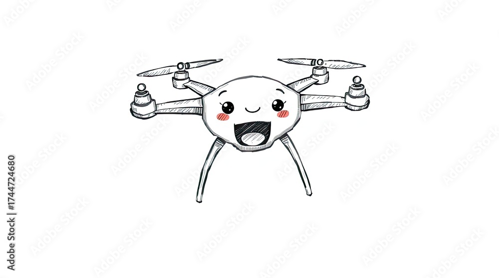 Fototapeta premium Hand-drawn sketch, drone attraction, adorable and cute, charming features, rough lines, textured pencil strokes, white background, with a seamless color blend