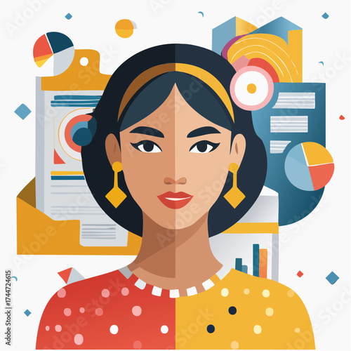 Eclectic collage portrait of a young woman with trendy paper composition
