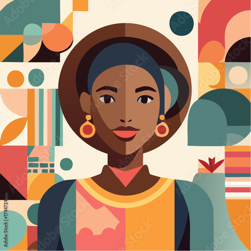 Eclectic collage portrait of a young woman with trendy paper composition