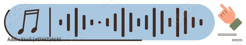 Musical note, soundwave, and hand gesture illustrating audio control, volume management, or playback. Ideal for sound technology, music production, entertainment, user interface accessibility