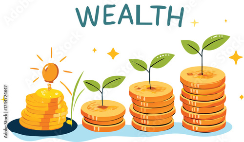 Growing wealth symbolized by stacks of coins and sprouting plants conceptual art vector