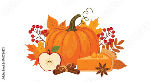 A vibrant and festive autumn harvest featuring a large pumpkin surrounded by colorful fall leaves an apple a slice of pie and cinnamon sticks.