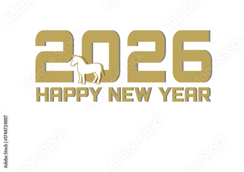 年賀状2026 ウマのイラスト　金文字　シンプルな年賀状テンプレート　午年　かっこいい　ゴールド