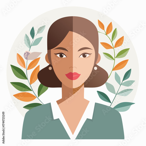 Eclectic collage portrait of a young woman with trendy paper composition