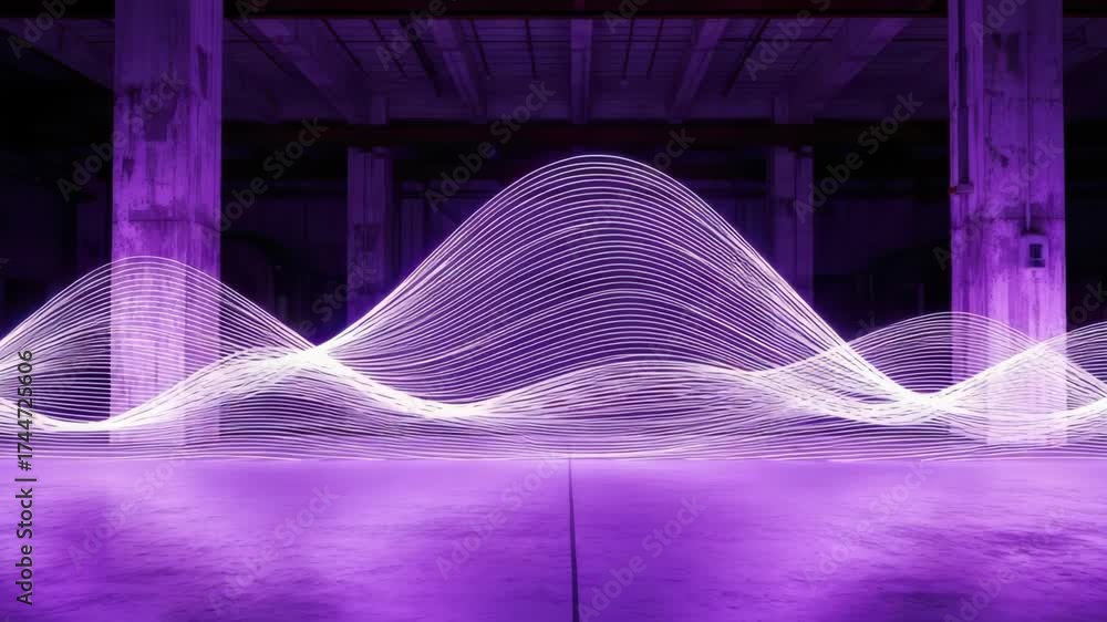Glowing white parallel lines form undulating waves above reflective purple floor within stark industrial hall Concrete pillars are bathed in deep violet light
