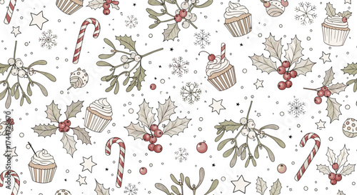 A charming winter holiday seamless pattern featuring festive motifs like candy canes and holly berries.