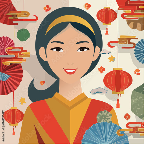 Eclectic collage portrait of a young woman with trendy paper composition