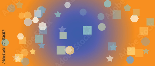 Abstract background with geometric shapes in orange and blue gradient showcasing modern design with circles stars squares and polygons for creative projects