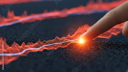 Close Up of Finger Touching Glowing Red and White Graph on Dark Textured Surface with Orange Light Point in Financial Analysis Concept