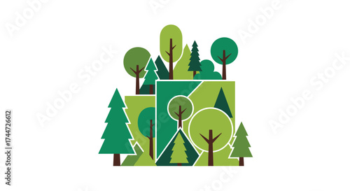 Stylized abstract illustration of an urban forest with various green trees and geometric shapes representing buildings and parks.