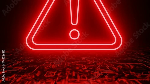 Glowing Red Triangle Warning Sign Above Cracked Surface in Dark Environment Computer Generated Image Digital Design Cybersecurity Risk Alert Concept
