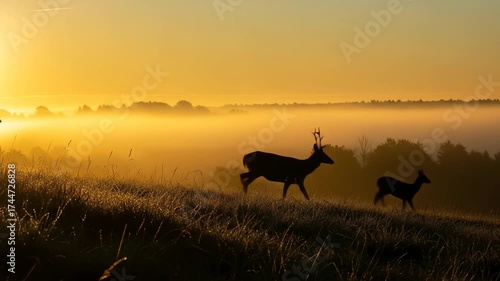 Silhouette Of Two Deers Standing On Grassy Field During Golden Sunrise Under Foggy Sky in Countryside Environment Tranquil Nature Scene