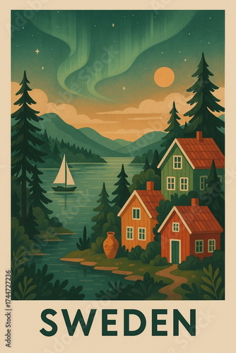 Vintage style travel illustration of Sweden featuring iconic architecture, cozy streets and warm retro tones, detailed scenic composition perfect for tourism, wall art, posters, postcards