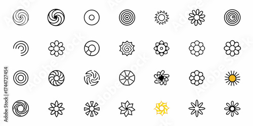 Assortment of flower and spiral designs create a versatile element set for graphic projects and branding, offering modern, minimalist designs for creative expression