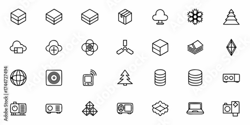 Versatile outline icon set for modern interface design and development featuring cloud, Christmas tree, database, laptop and camera for website or app projects