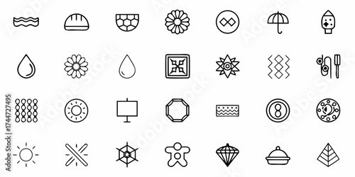 Delicate line icons presenting a diverse range of symbols including nature elements, geometric shapes, and everyday objects in a modern minimalist style, perfect for creative designs