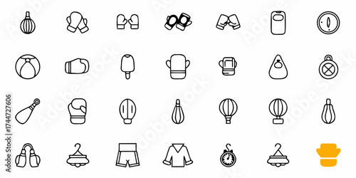 Dynamic boxing icons set for fitness, sport, and martial arts promotions, training graphics, gym branding, and health campaigns, originally vector graphics