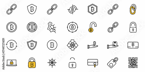Explore dynamic Bitcoin blockchain icons, perfect for illustrating crypto security, digital currency trends, and innovative financial technologies with modern, clean visuals