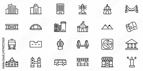 Explore iconic landmarks and travel destinations with these simple line art icons, perfect for tourism design, city guides, and travel apps, originally a scalable vector graphic
