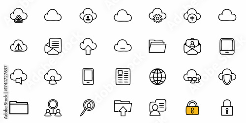 Dynamic collection of cloud computing icons for modern tech solutions, representing data storage, networking, and cybersecurity in a sleek, scalable vector design