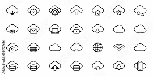 Modern cloud computing icons, elegant and minimal style for UI design, technology concept, network solutions, database management, data storage, and innovative business solutions