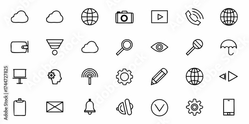 Versatile set of minimalist icons for web, app, or print design needs, simple yet effective graphic elements for modern interfaces and creative projects, originally from scalable vectors