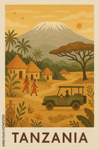 Vintage style travel illustration of Tanzania featuring iconic architecture, cozy streets and warm retro tones, detailed scenic composition perfect for tourism, wall art, posters, postcards