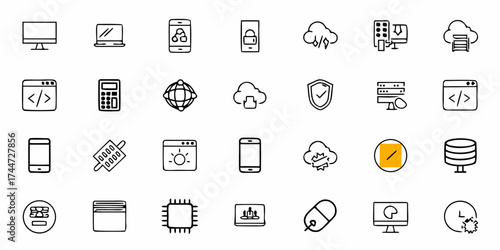 Modern technology icons representing cloud computing, network security, web development and hardware, perfect for tech startups and digital solutions providers