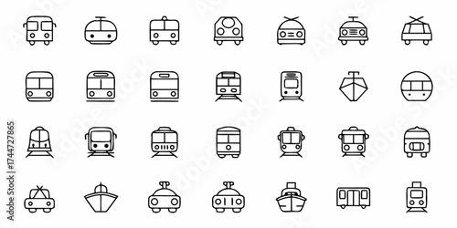 Diverse transportation icon set, offering a scalable solution for app design, web interfaces, and educational materials needing clean, modern vehicle symbols