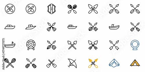 Explore Outdoor Adventures with this Fun Icon Set featuring Boats, Tents, Arrows, and Oars for your next Camping, Hiking, or Boating Project, Available in Vector Format