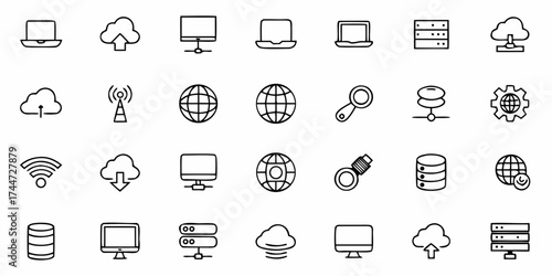 Essential network and server icons showcasing modern technology for global connectivity, data storage, and cloud computing solutions in clean scalable designs