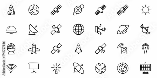 Explore the cosmos with these clean line icons depicting rockets, planets, satellites, and celestial bodies, perfect for a modern, minimalist space-themed design
