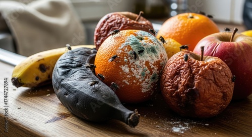 Fototapeta Naklejka Na Ścianę i Meble -  A table with rotten fruits and flies.